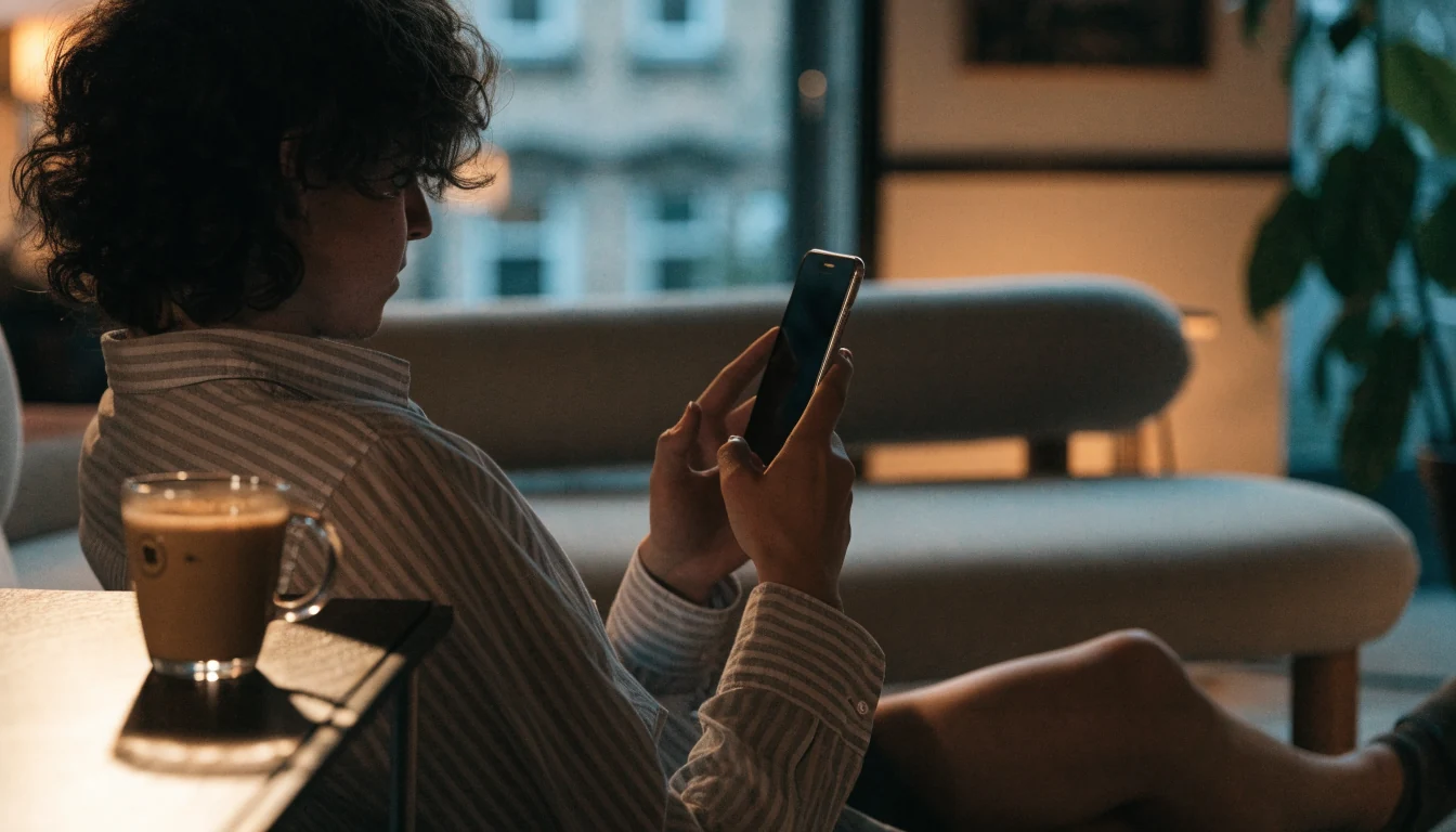 Nordmann slapper av hjemme med iPhone i hånden