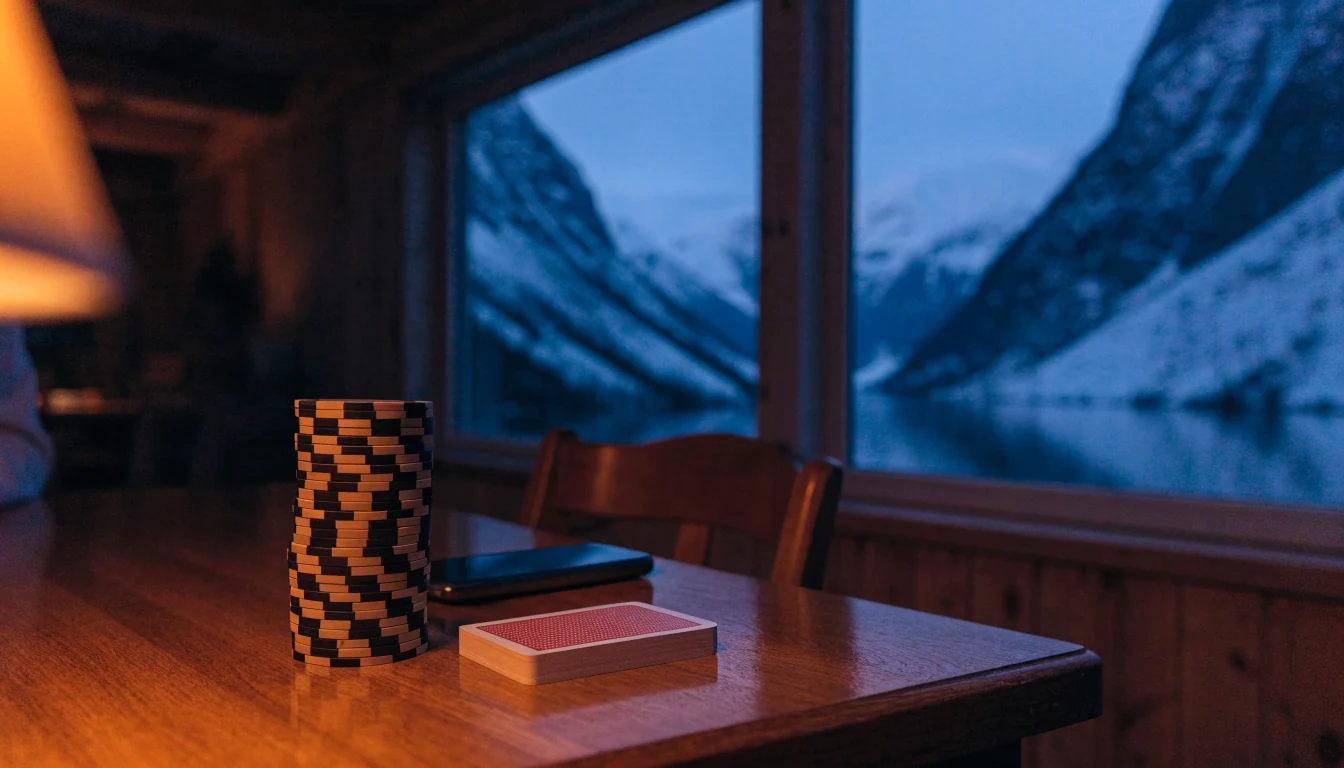Norsk stue med spillebrikker og kort ved skumringstimen