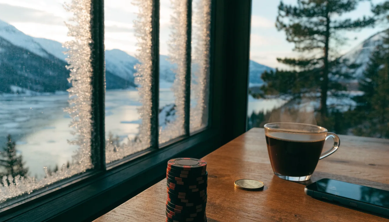 Casinochips på trebord med utsikt over norsk fjord