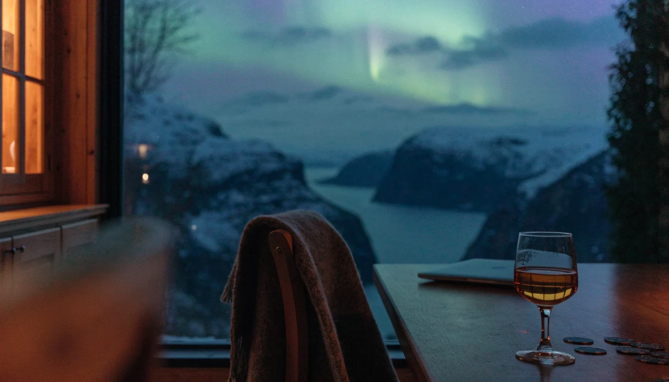 Stemningsfull norsk stue om kvelden med whiskglass, jetonger og nordlys utenfor vinduet
