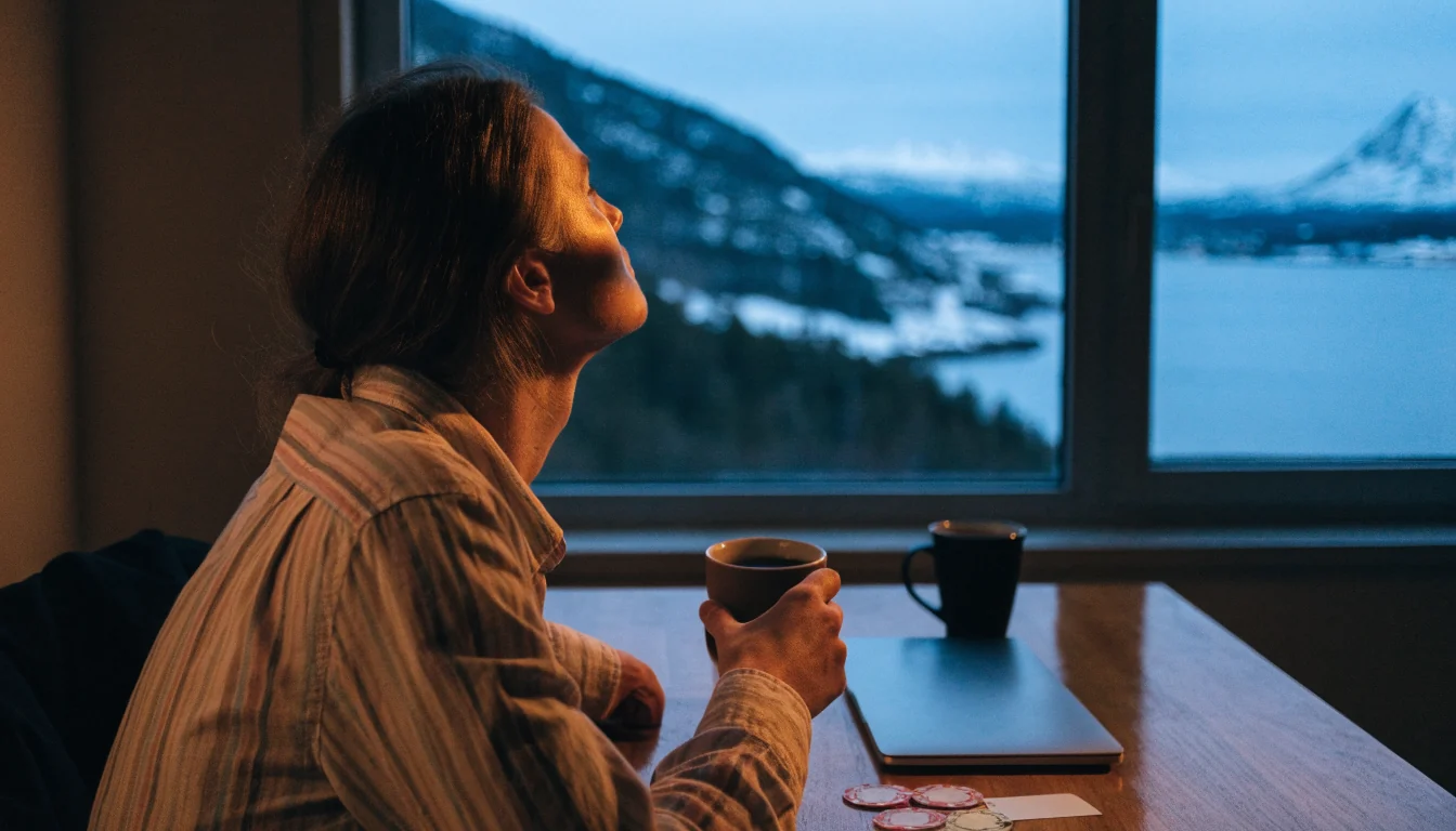 Tenker ved et skrivebord med kafékaffe og casinoklimper, norsk fjord i bakgrunnen