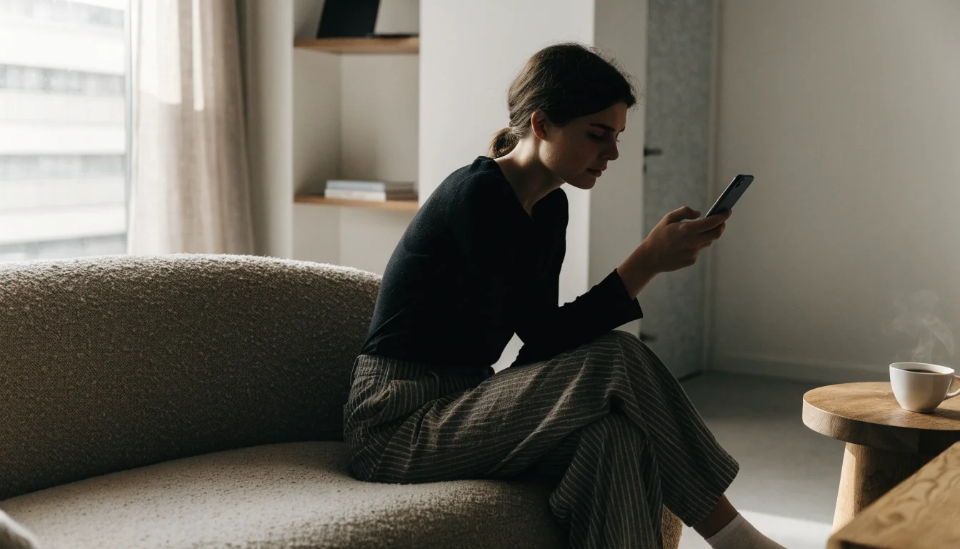 Person som spiller på mobilen hjemme i stua