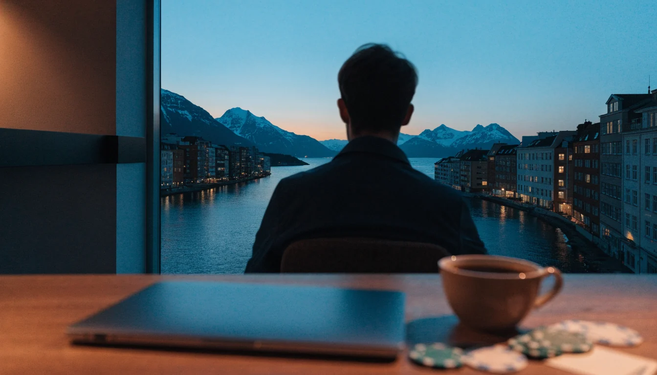 Person ved vindu i norsk leilighet med pokerchips og kort på bordet