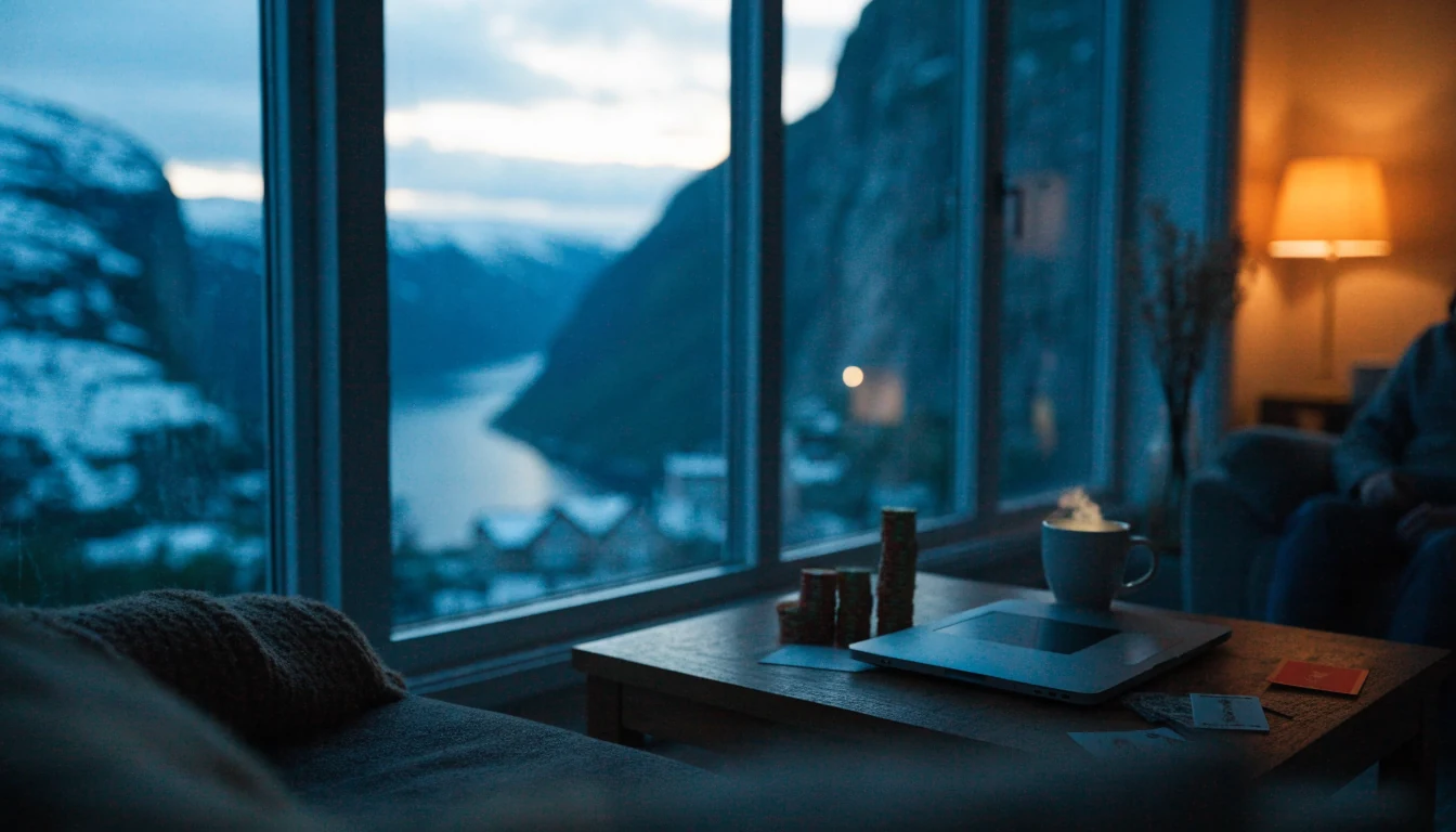 Moderne norsk stue med bærbar PC, casinobrikker og utsikt over fjord i skumringen