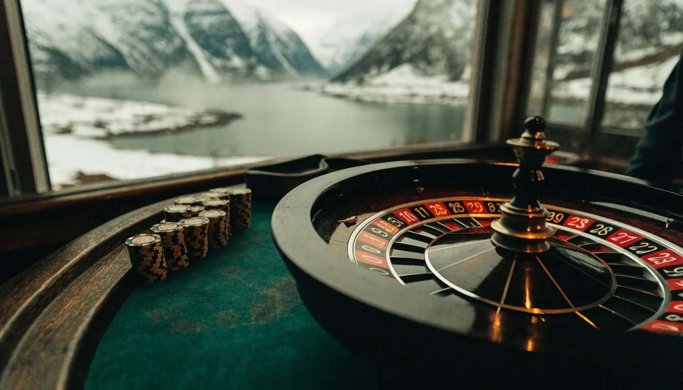Roulettehjul og jetonger på et casino-bord med norsk fjord i bakgrunnen