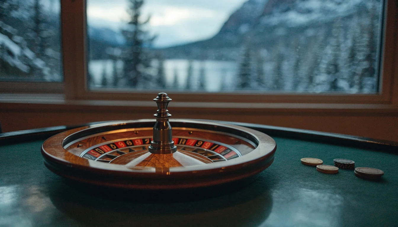 Roulettehjul på casinobord med utsikt over norsk fjord