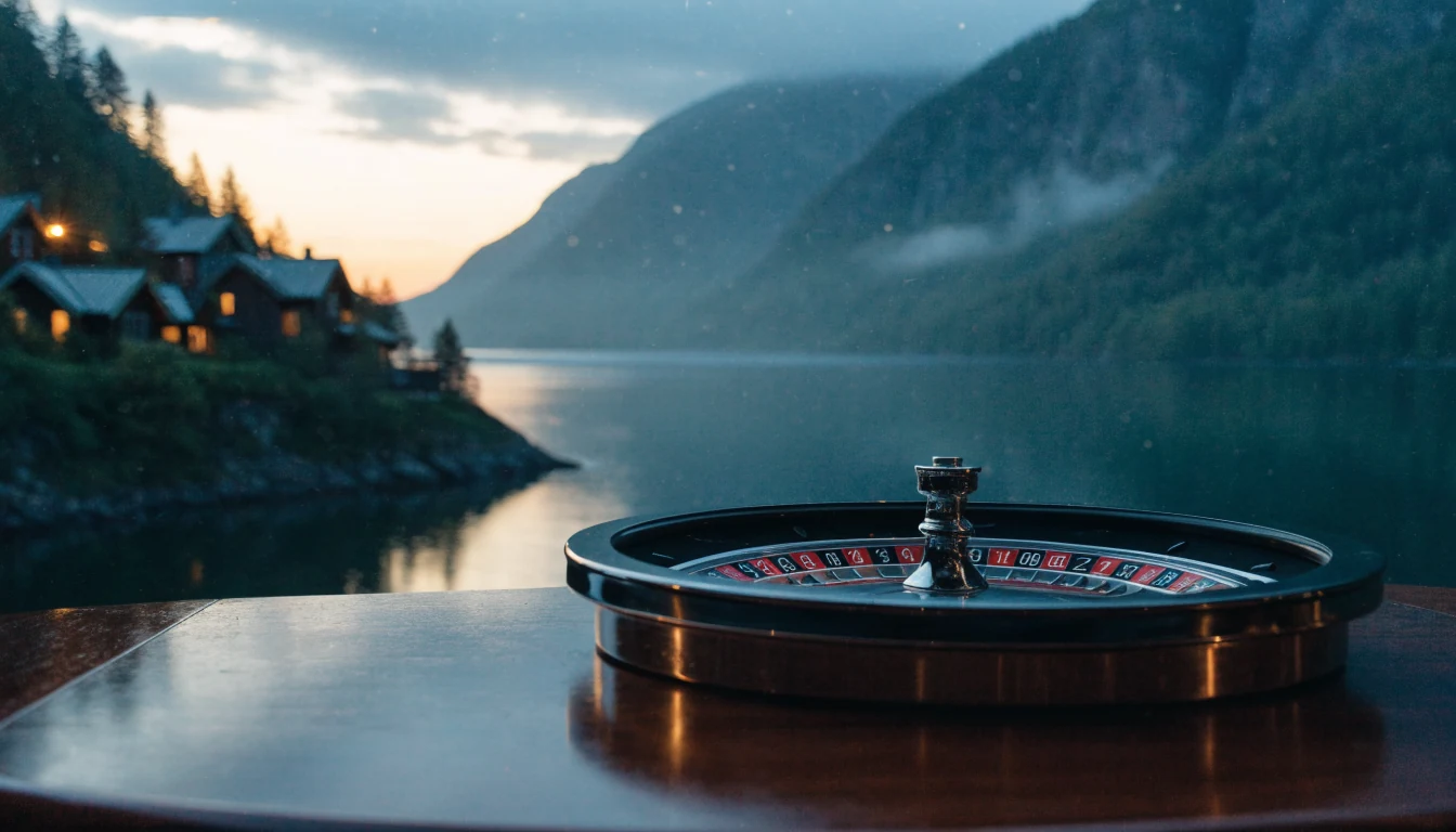 Roulettehjul på et bord med norsk fjord i bakgrunnen