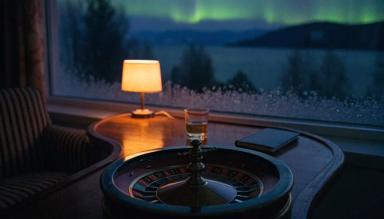 Roulettehjul på bord i norsk stue med nordlys