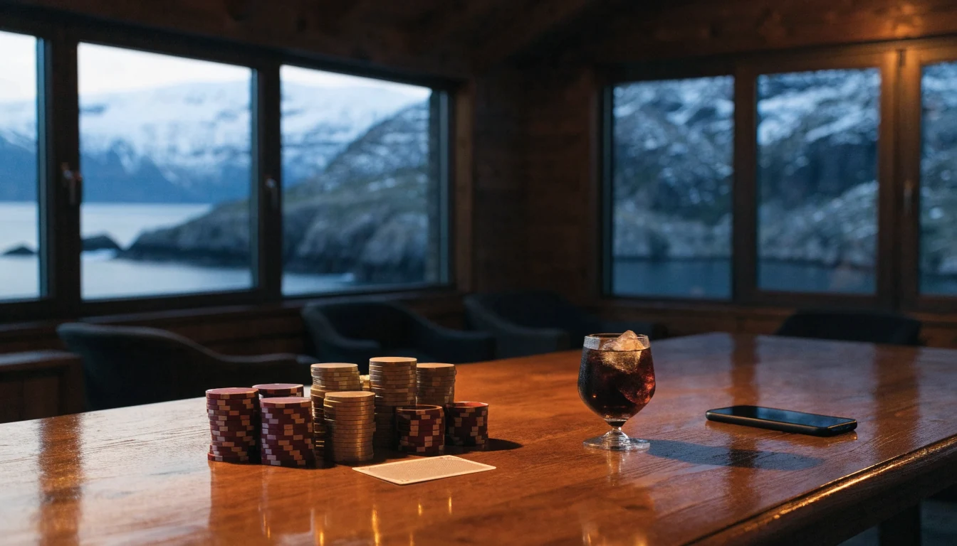 Norsk tretopp interiør med casinobrikker, kort og utsikt over fjord