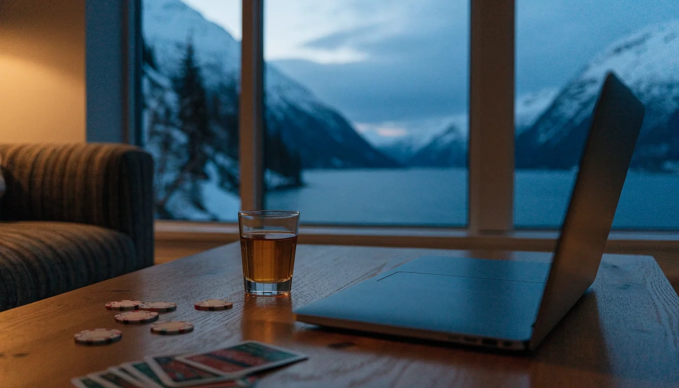 Norsk stue med utsikt over fjord, kortjetong og lukket laptop på bordet