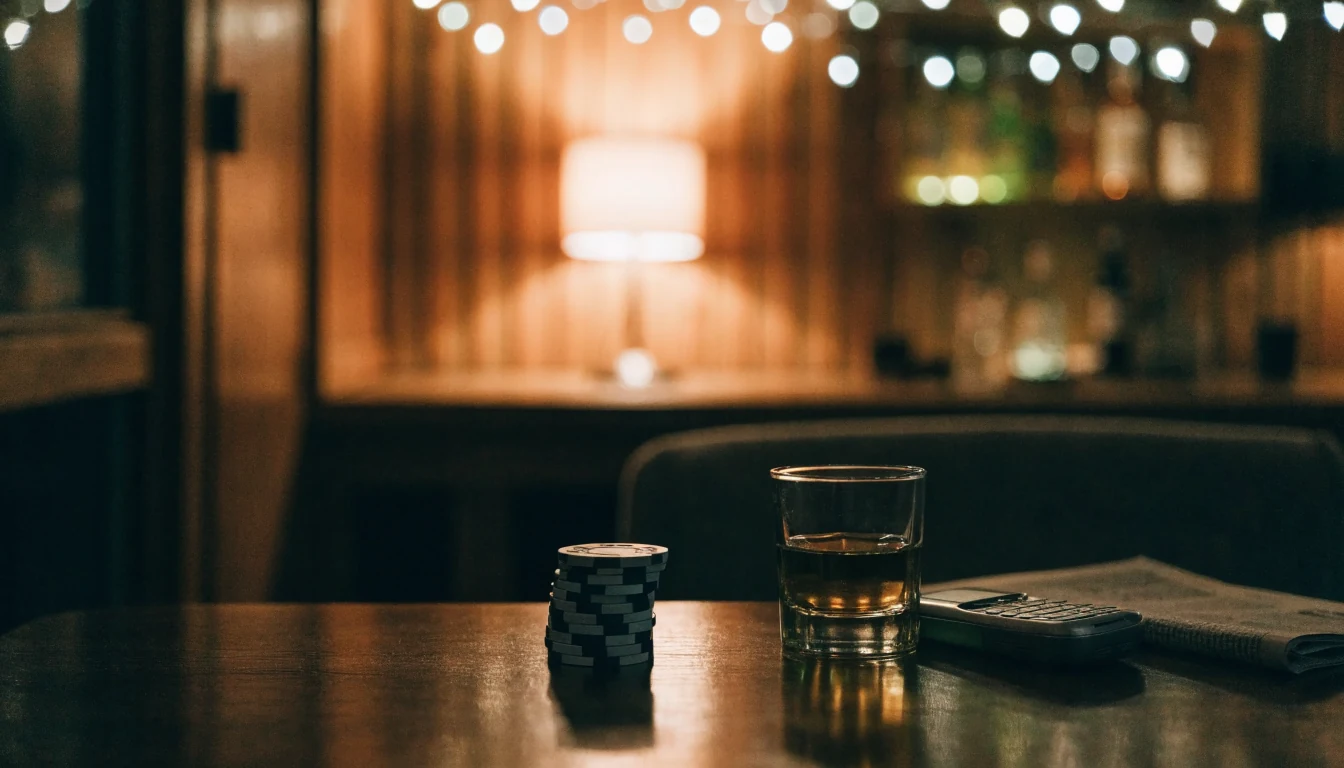 Koselig norsk lounge med casinobrikker og dram på et trebord