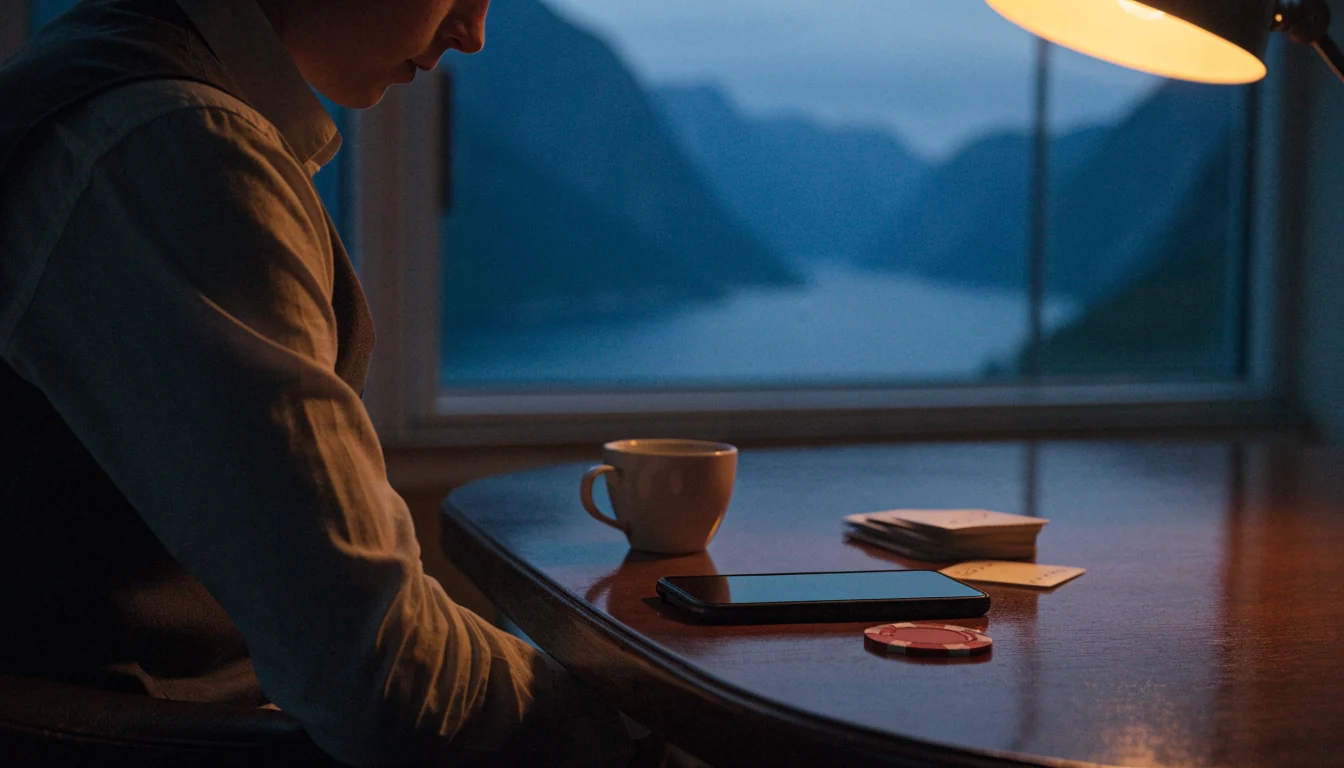 Koselig norsk kveldsscene med telefon vendt ned ved siden av en casinobrikk