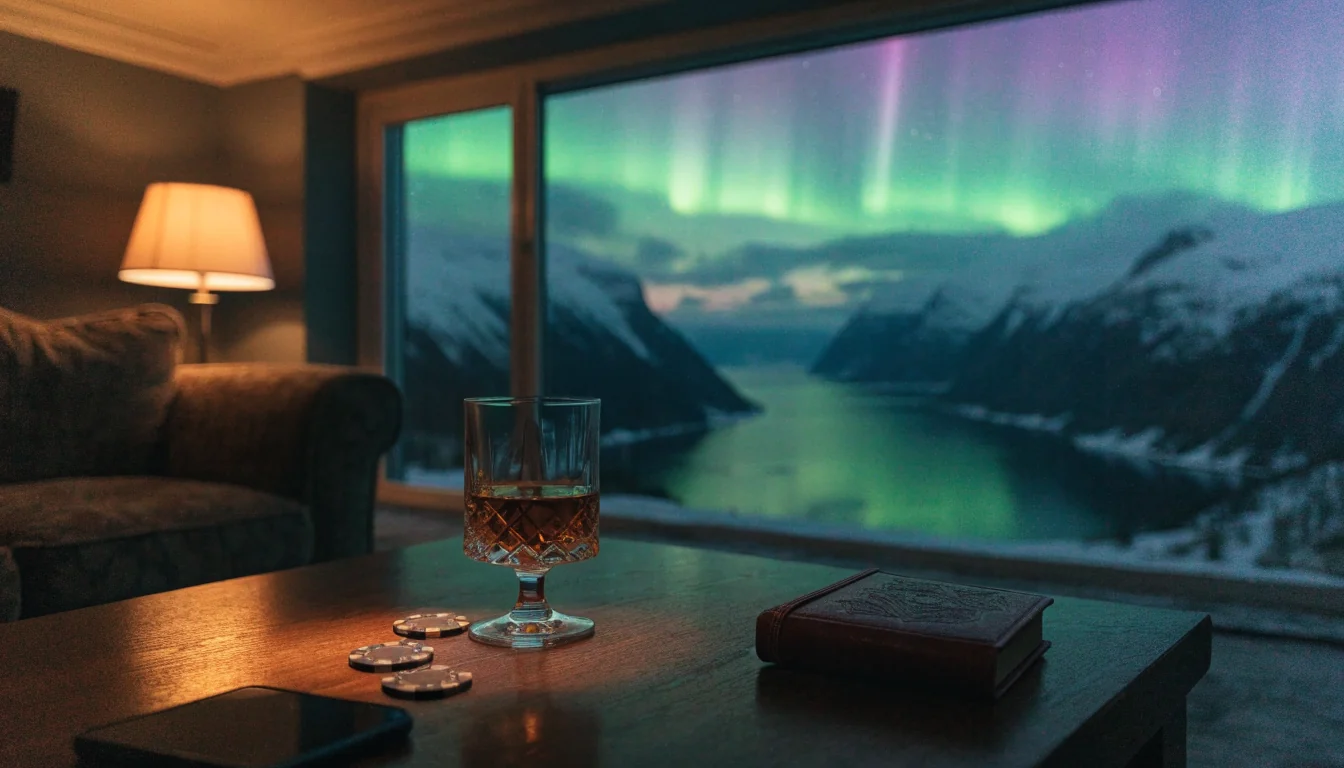 Norsk stue med kasinokuler og nordlys i vinduet