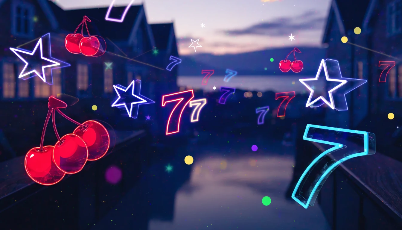 Moderne illustrasjon av en nettcasino-spilleautomat med neonlys og nordlysstemning
