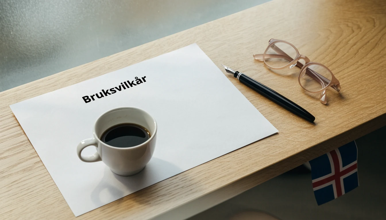 Bruksvilkår-dokument med penn, briller og kaffekopp på et nordisk skrivebord